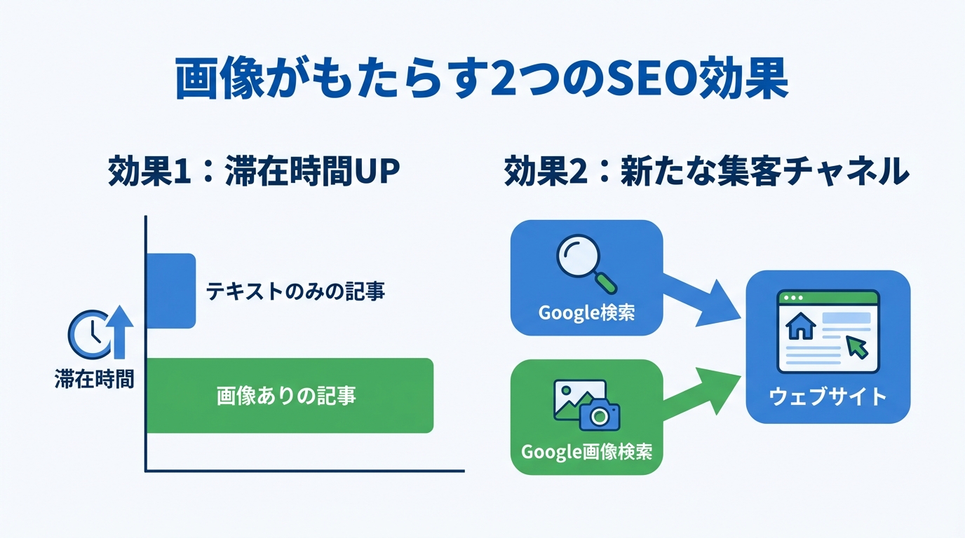 画像がもたらす2つのSEO効果を図解したインフォグラフィック。滞在時間アップと画像検索からの流入獲得というメリットを示している。