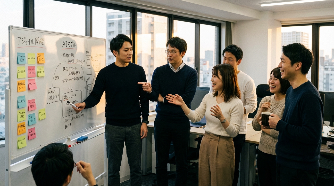 オフィスのホワイトボードを囲んで、新しいアイデアについて熱心に議論する開発チームのメンバーたち。