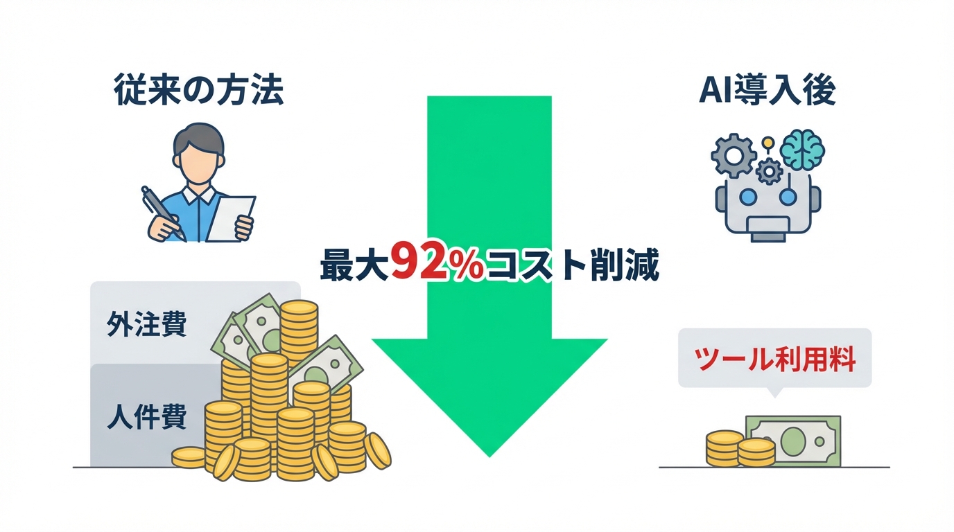 AI導入によって、従来の外注費や人件費と比較して記事作成コストが大幅に削減されることを示す比較図。