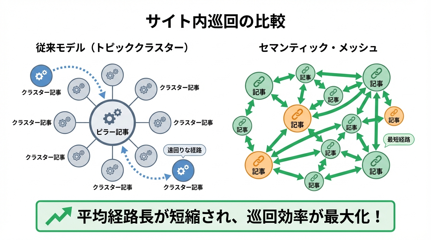 従来のサイト構造とセマンティック・メッシュ構造の巡回効率を比較する図解。メッシュ構造が最短経路を提供し、効率を最大化することを示している。