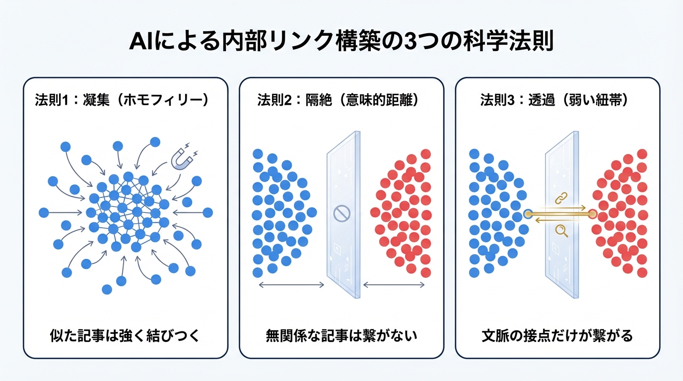 AIがサイト構造を自己組織化する3つの科学法則の図解。ホモフィリーによる凝集、意味的距離による隔絶、弱い紐帯による透過のプロセスを視覚的に解説している。
