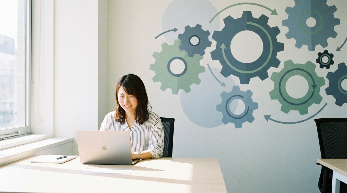 効率的なワークフローを実現し、満足げな表情で仕事をするウェブサイト運営者。AIプラグインによって作業がスムーズに進んでいる様子を象徴している。