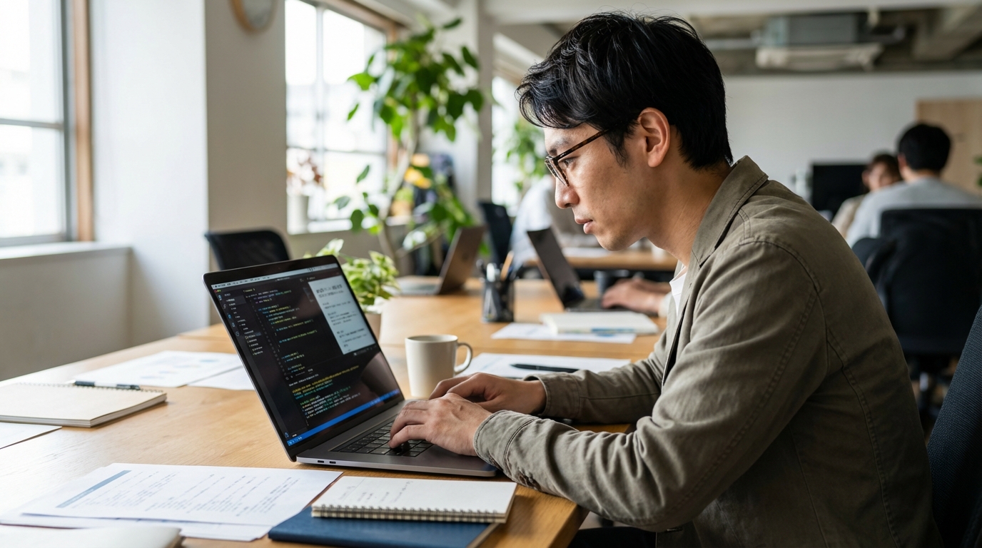 ノートパソコンにAIへの指示プロンプトを打ち込むWebディレクター。効率的に記事構成を作成している様子。