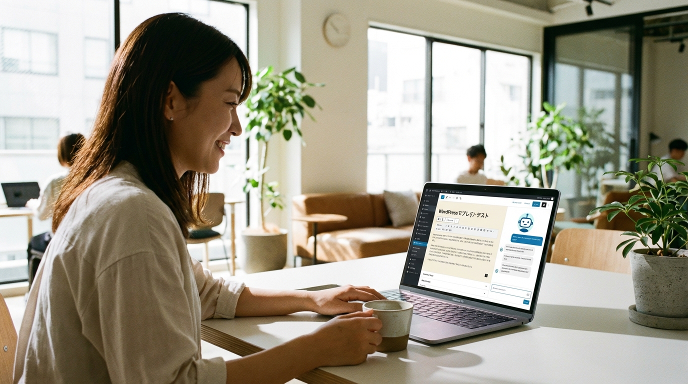 WordPress上でAIアシスタント「OGAI」を使い、リラックスしてブログ記事を編集する個人事業主の女性。