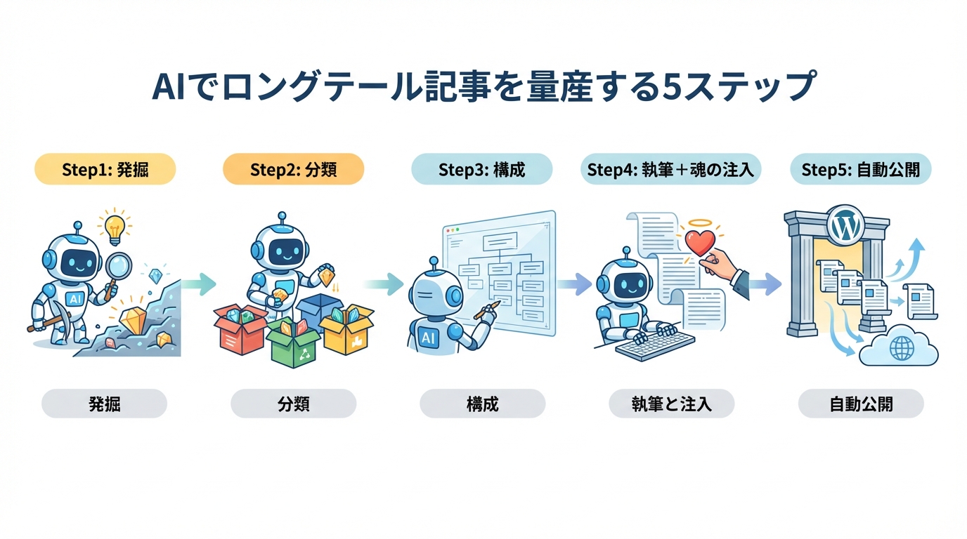 AIを活用したロングテール記事量産の5ステップ（キーワード発掘、分類、構成作成、執筆と編集、自動公開）を解説する図解。
