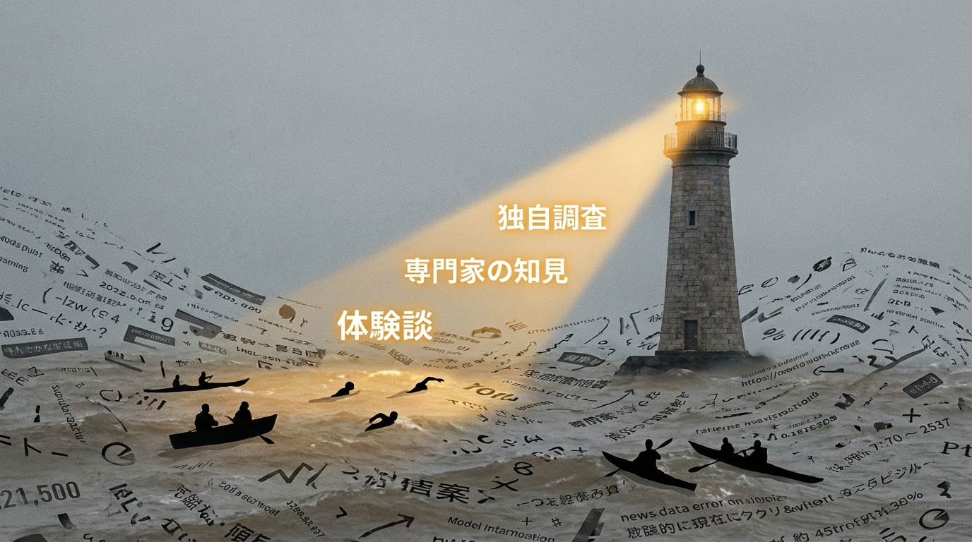 情報の洪水の中で、独自性という本物の価値を持つコンテンツが灯台のように輝き、人々を引き寄せている様子を象徴したイラスト。