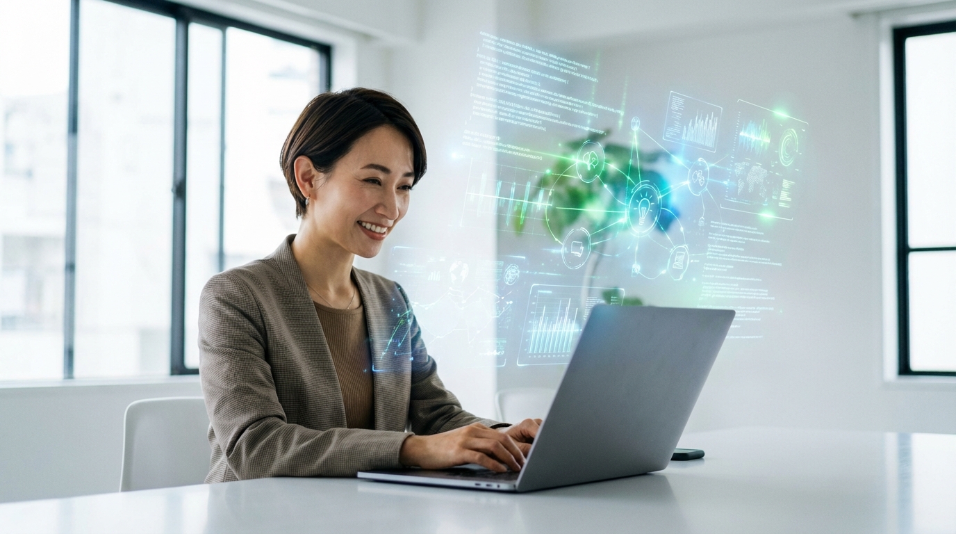 AIをパートナーに、創造的な業務に集中するオウンドメディアの編集長。自信に満ちた表情で未来を見据えている。