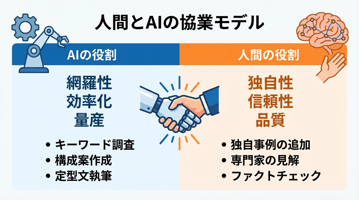 AIと人間の協業モデルの図解。左側にAIの役割として網羅性や効率化、右側に人間の役割として独自性や信頼性の担保が示され、両者が協力する重要性を示している。