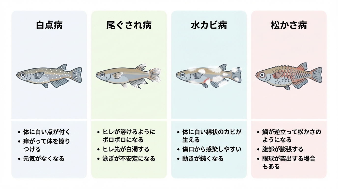 メダカがかかりやすい代表的な4つの病気(白点病、尾ぐされ病、水カビ病、松かさ病)の症状をイラスト付きで解説した図鑑。