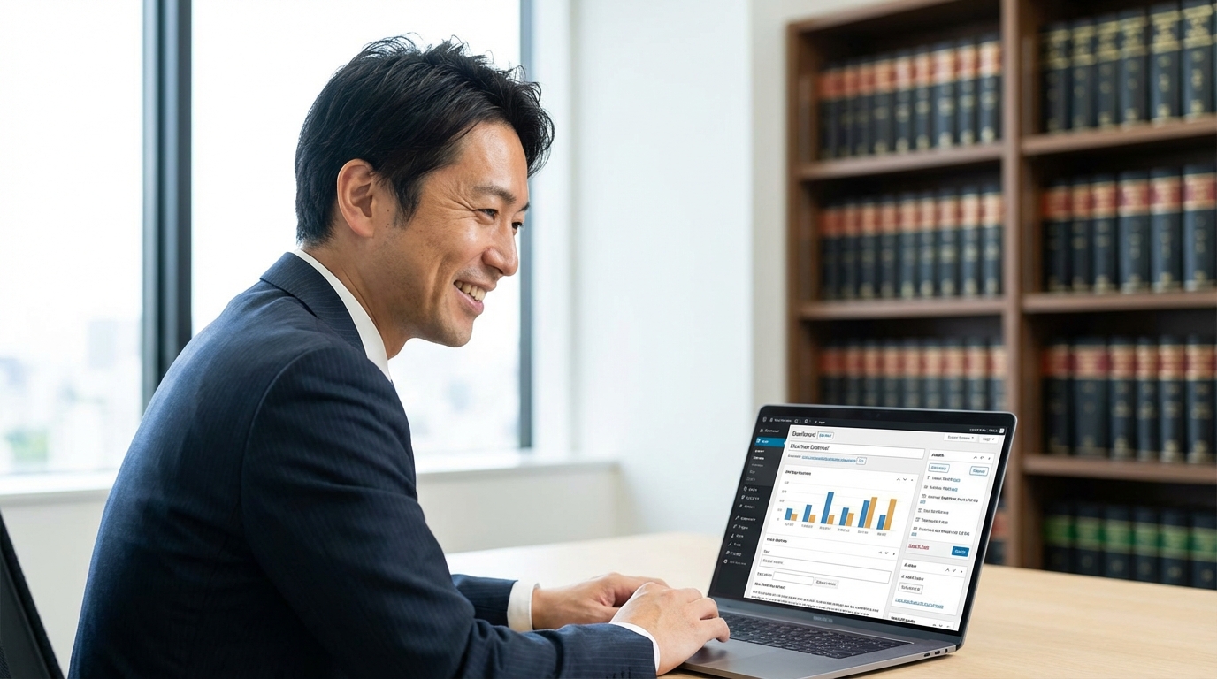 WordPressが映るノートパソコンの前で微笑む日本人弁護士。AIツールOGAIを使って効率的に記事作成ができている満足感を表現している。