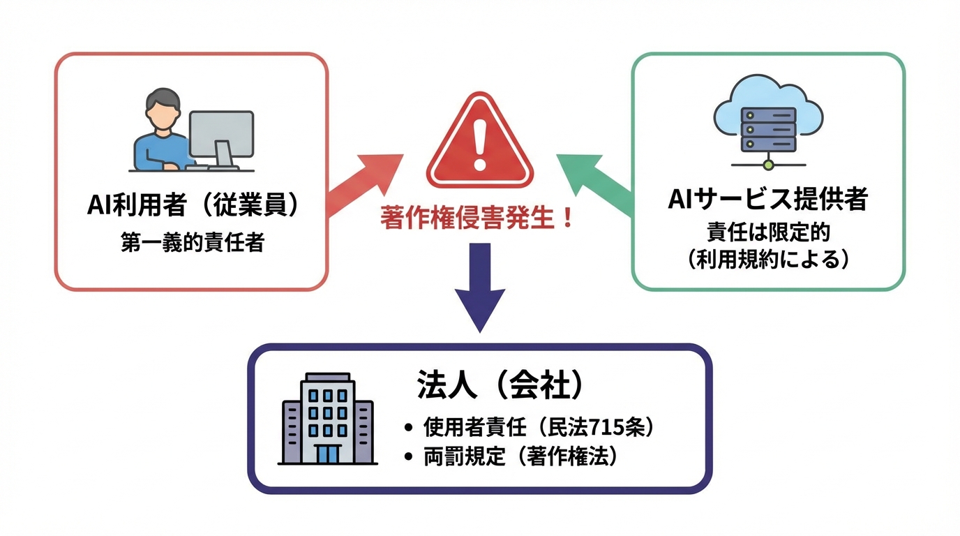 AIによる著作権侵害が発生した場合の責任の所在を示した図解。AI利用者、法人、AIサービス提供者のうち、特に法人が使用者責任と両罰規定により重い責任を負うことを示している。