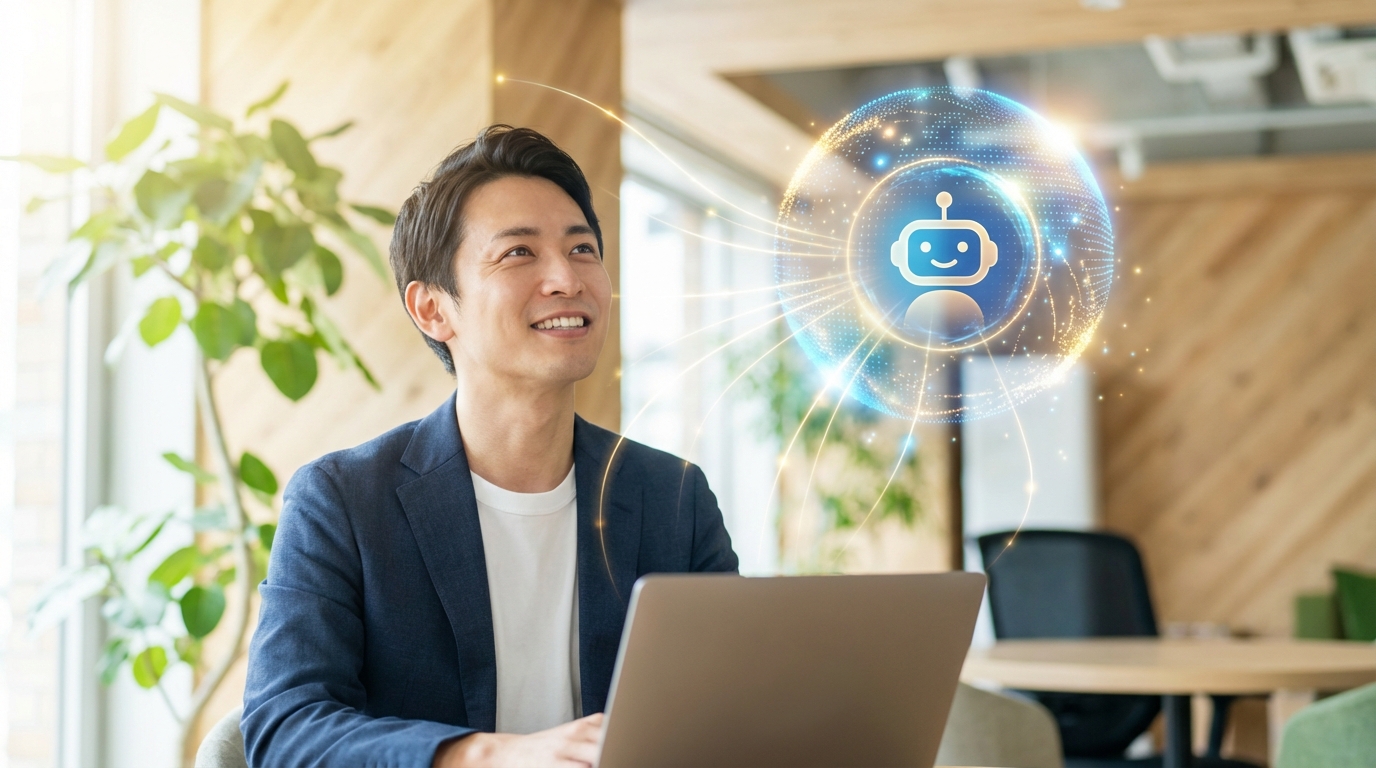 編集長がAIアシスタントと協力して、コンテンツのアイデアを練っているイラスト。AIとの理想的な協業を示している。