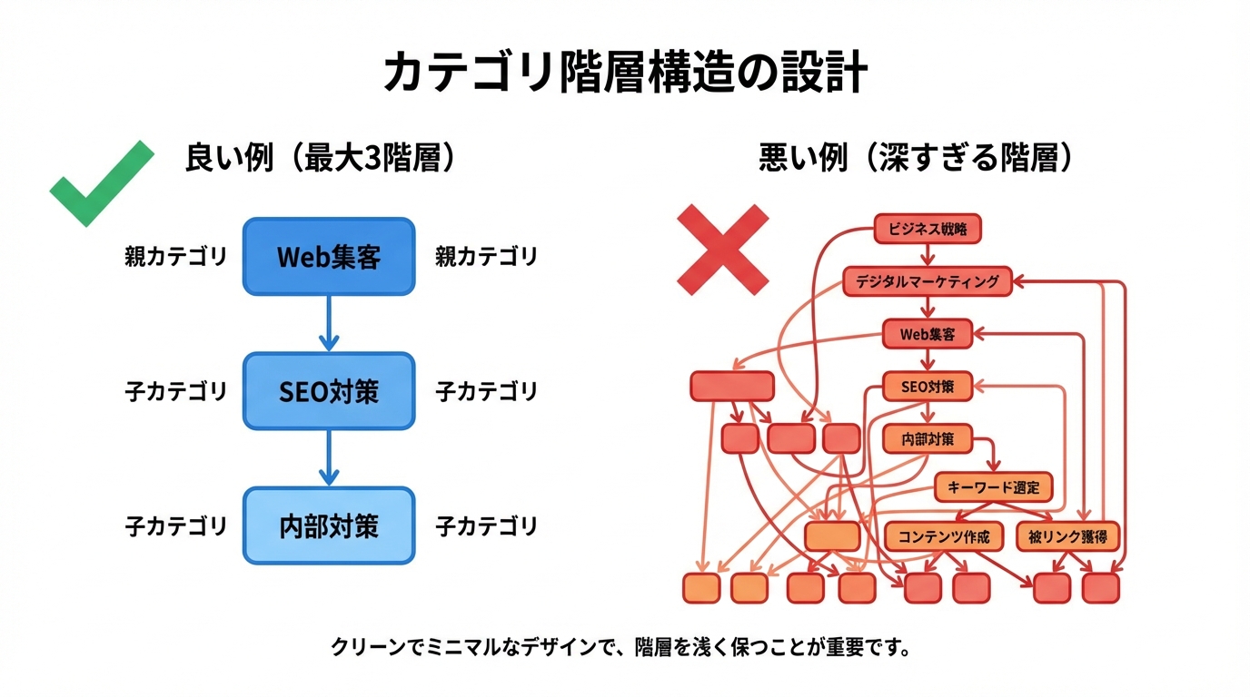 理想的な3階層のカテゴリ構造と、避けるべき深すぎる階層構造を比較した図解。