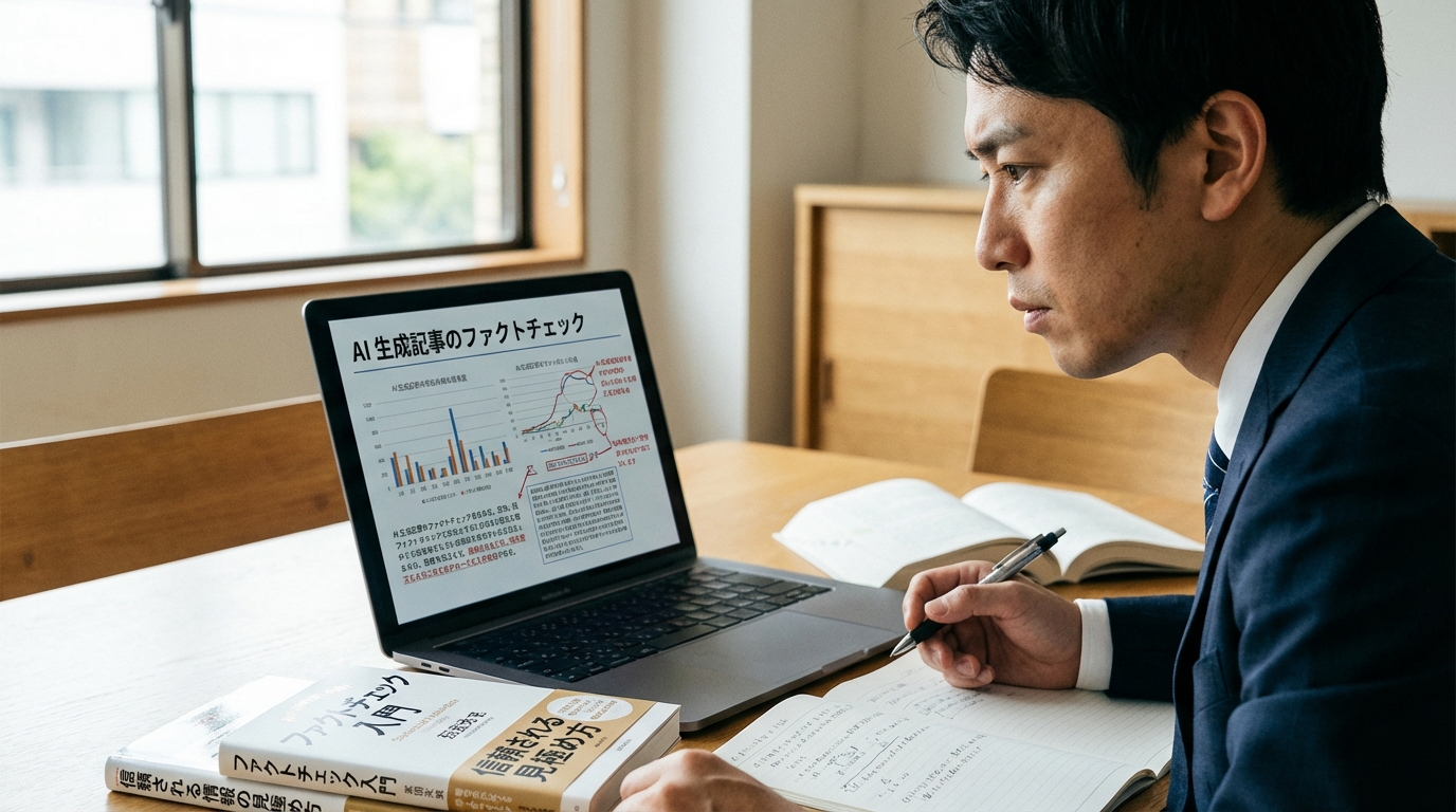 AIが生成した記事のファクトチェックを行うビジネスパーソン。ノートパソコンの画面と手元の資料を照らし合わせ、情報の正確性を真剣に確認している。