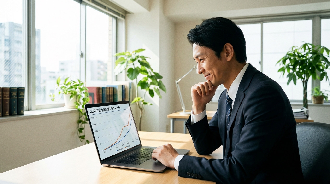 AIライティングツールOGAIを導入し、サイトのトラフィックが3ヶ月で3倍になったことに満足する士業の専門家