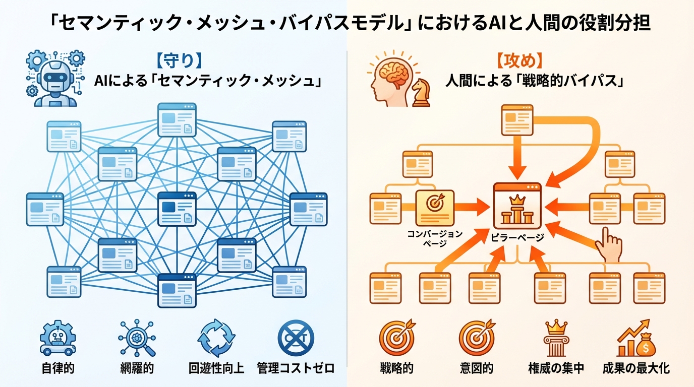 セマンティック・メッシュ・バイパスモデルにおけるAIの役割（守り）と人間の役割（攻め）を対比して解説する図解。