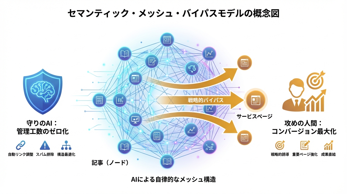 AIが自律的に構築する網目状の「メッシュ」と人間が設定する「バイパス」を組み合わせたセマンティック・メッシュ・バイパスモデルの概念図。