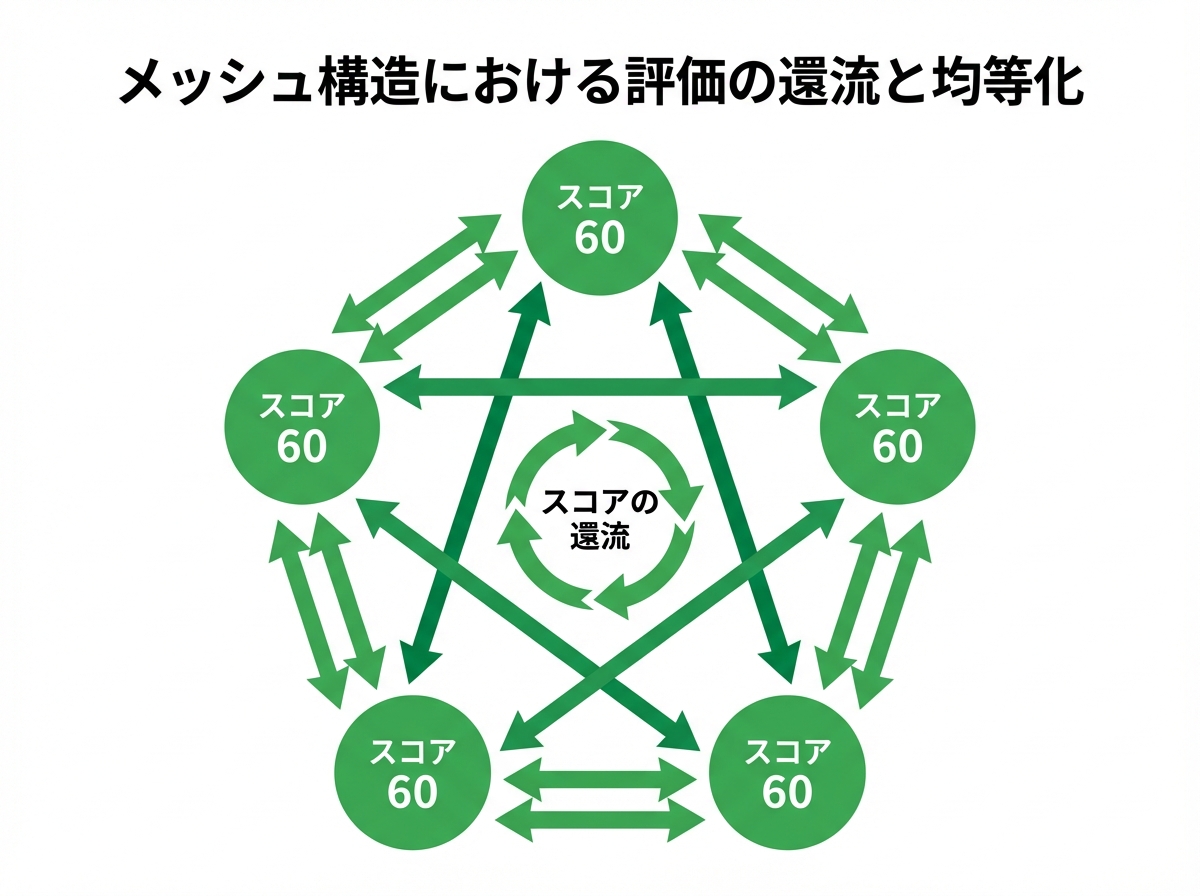 メッシュ構造における評価の還流を示した図。各ページが相互にリンクし合うことで、スコアがサイト全体を循環し、均等に分配されている様子が描かれている。