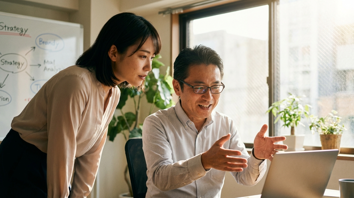 専門家がクライアントにPC画面を見せながらコンサルティングしている様子。AI時代における「経験」という価値の重要性を情熱的に伝えているシーンを象徴している。