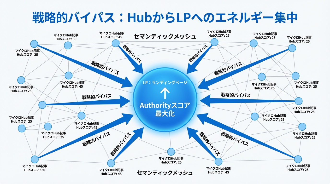 戦略的バイパスの概念図。セマンティックメッシュによってHubスコアを高めた多数の記事から、LPに向けてリンクが集中し、LPのAuthorityスコアが最大化される様子を示している。