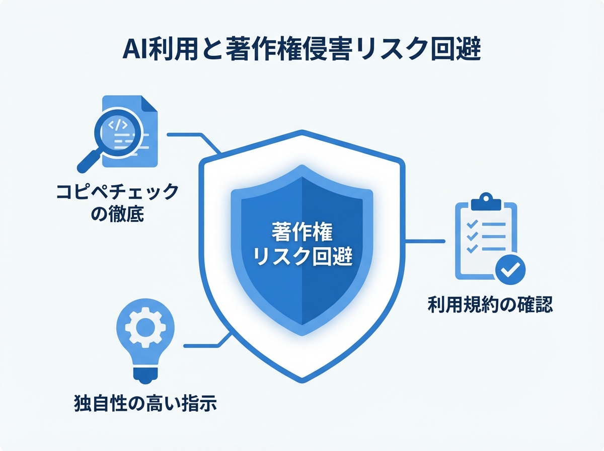 AI記事作成における著作権侵害リスクを回避するための3つのチェックポイント（コピペチェック、独自性の高い指示、利用規約の確認）を示した図解。