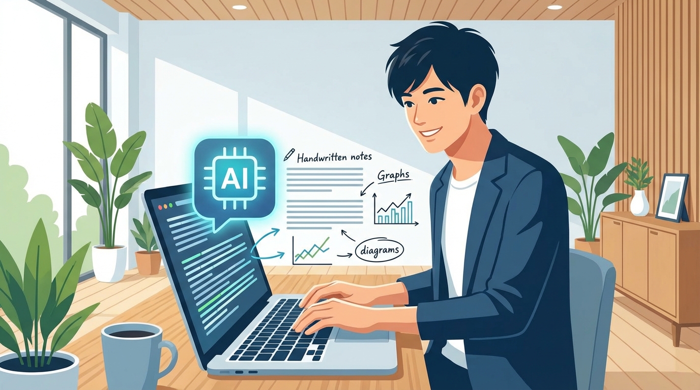 AIと人間が協力して記事を作成しているイラスト。AIが生成した文章に、人間が独自の体験談を加えてコンテンツの価値を高めている様子。