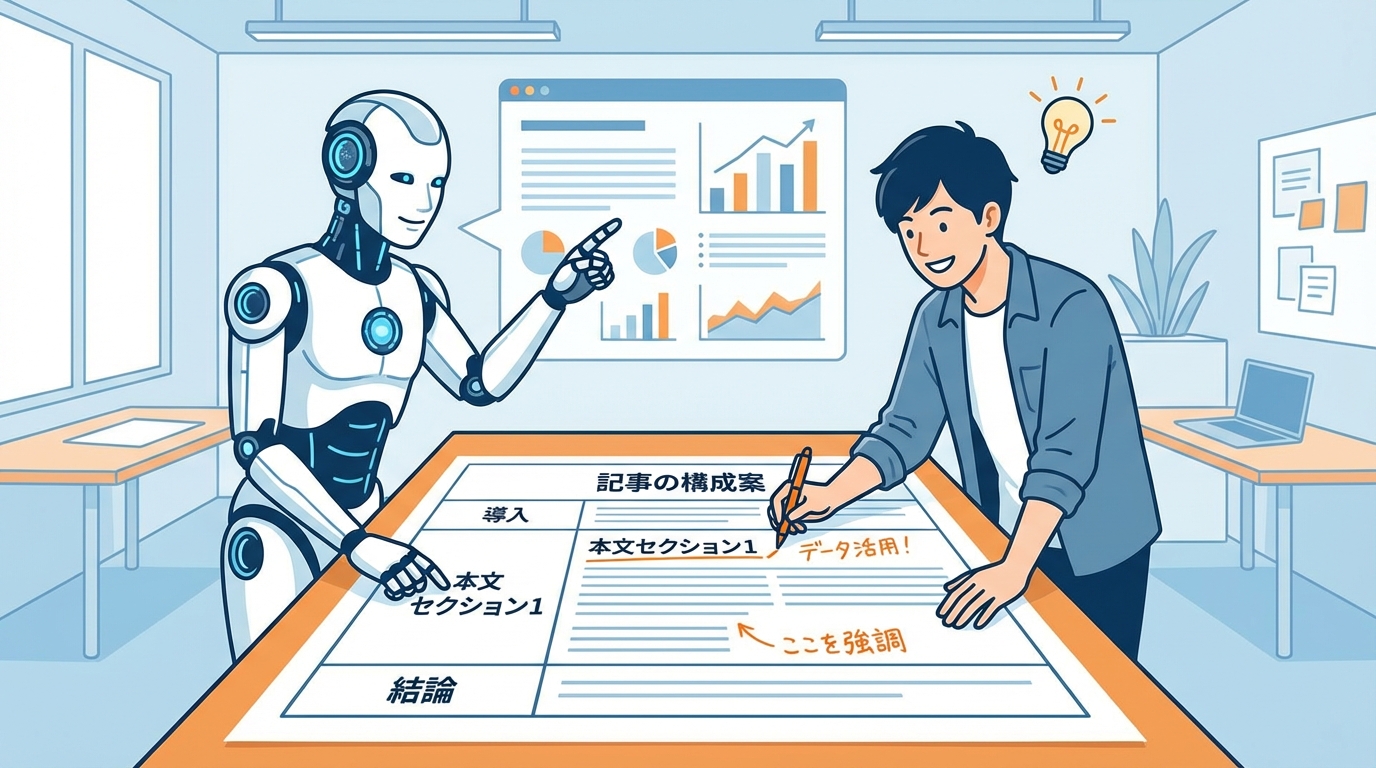 AIと人間が協力して記事構成案をチェックしているイラスト。AIが作った骨子に人間が独自性を加える協業のイメージ。
