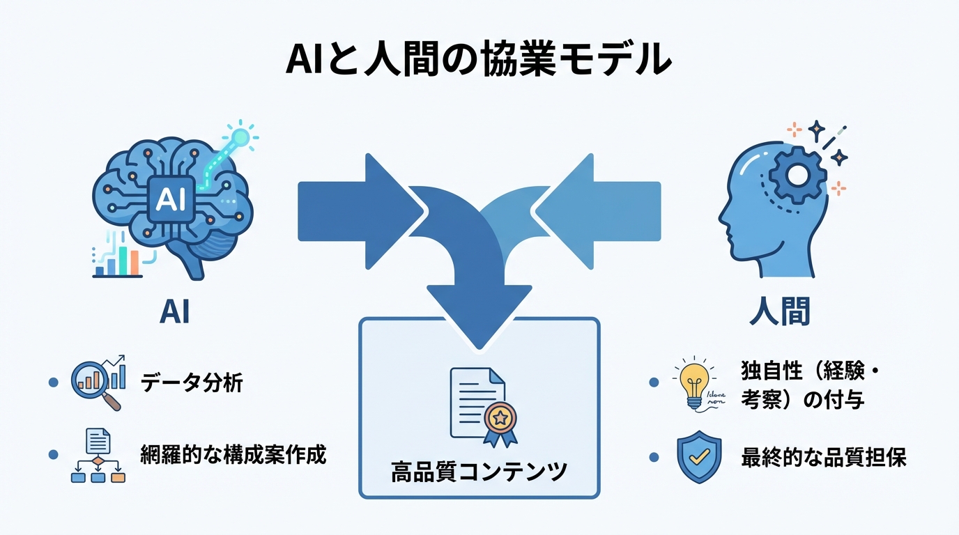 AIと人間の協業によるコンテンツ制作フロー図。AIが網羅的な構成案を作り、人間が独自性を加える役割分担を示している。