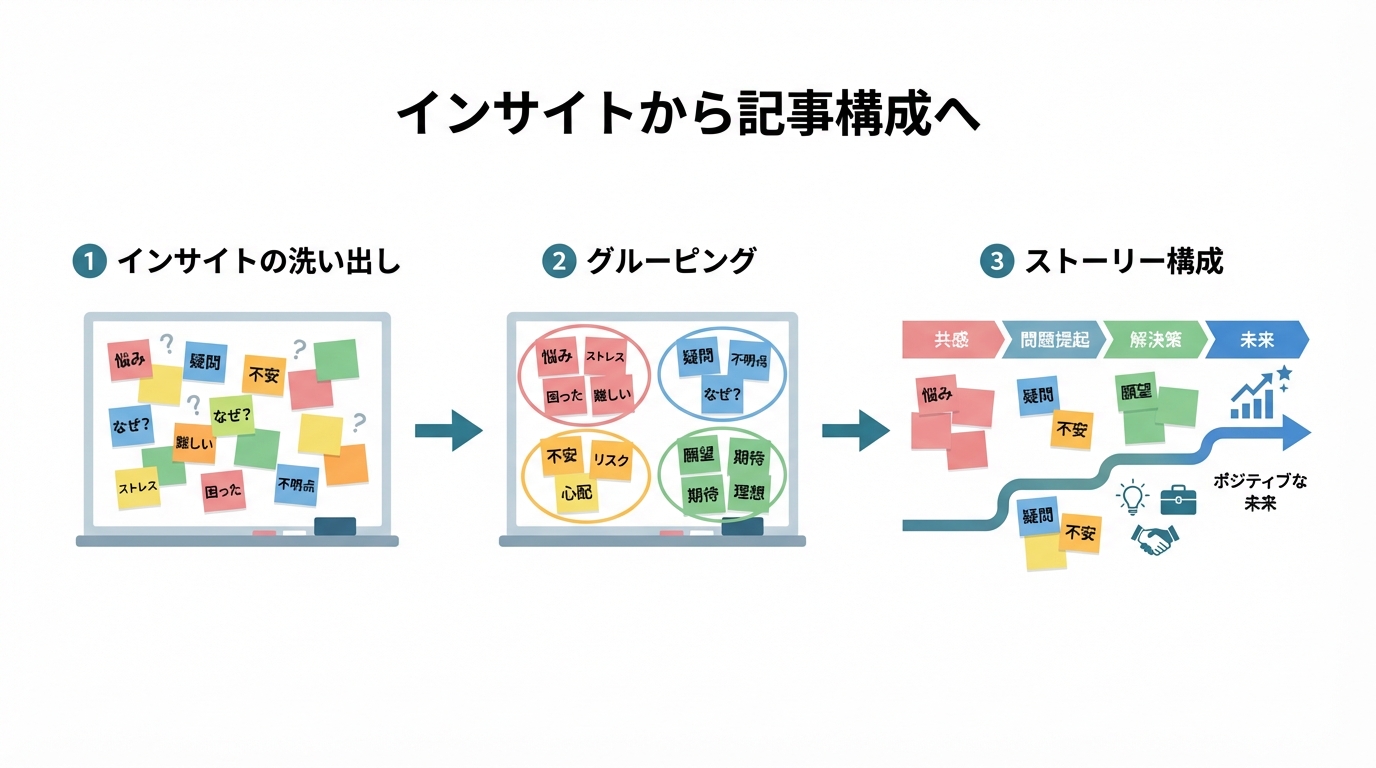 AIで洗い出したインサイトを整理し、ストーリー性のある記事構成に落とし込むまでの3ステップ図解