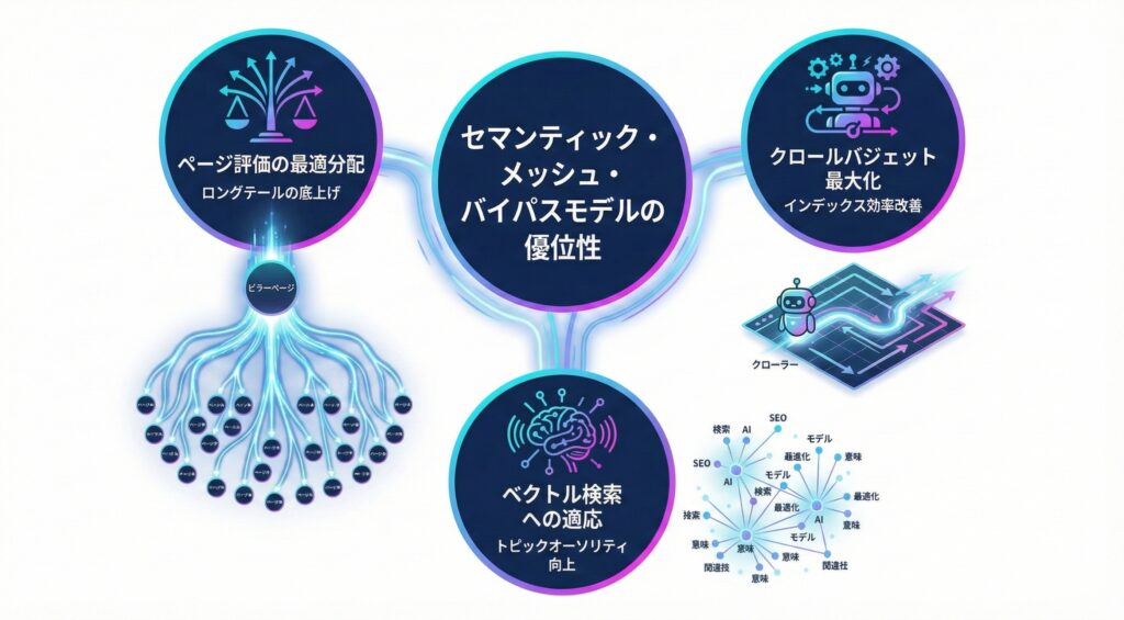 セマンティック・メッシュ・バイパスモデルがSEOに有効な3つの根拠（ページ評価の最適分配、クロールバジェット最大化、ベクトル検索への適応）を解説するインフォグラフィック。