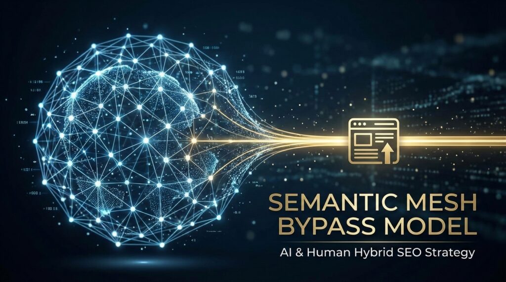 AI時代の新サイト設計論「セマンティック・メッシュ・バイパスモデル」の概念ロゴ。AIによるメッシュ構築と人間による戦略的バイパスを融合したハイブリッドSEO戦略。