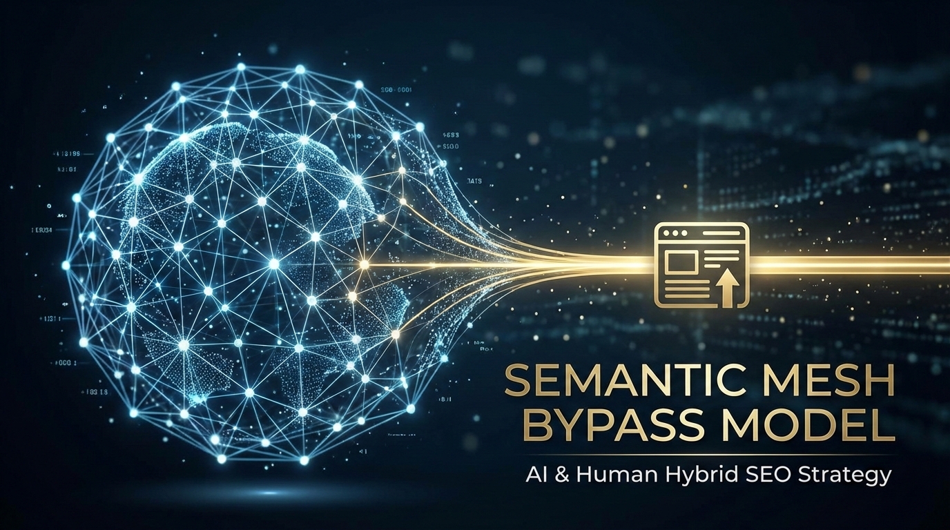 AI時代の新サイト設計論「セマンティック・メッシュ・バイパスモデル」の概念ロゴ。AIによるメッシュ構築と人間による戦略的バイパスを融合したハイブリッドSEO戦略。