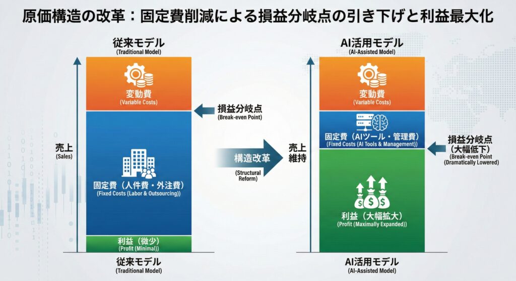 AI活用によるオウンドメディアのコスト構造改革を示す図解。従来モデルの大きな固定費が、AI活用モデルで固定費が大幅に低減され、損益分岐点が下がり利益が増加する仕組みが比較されている。