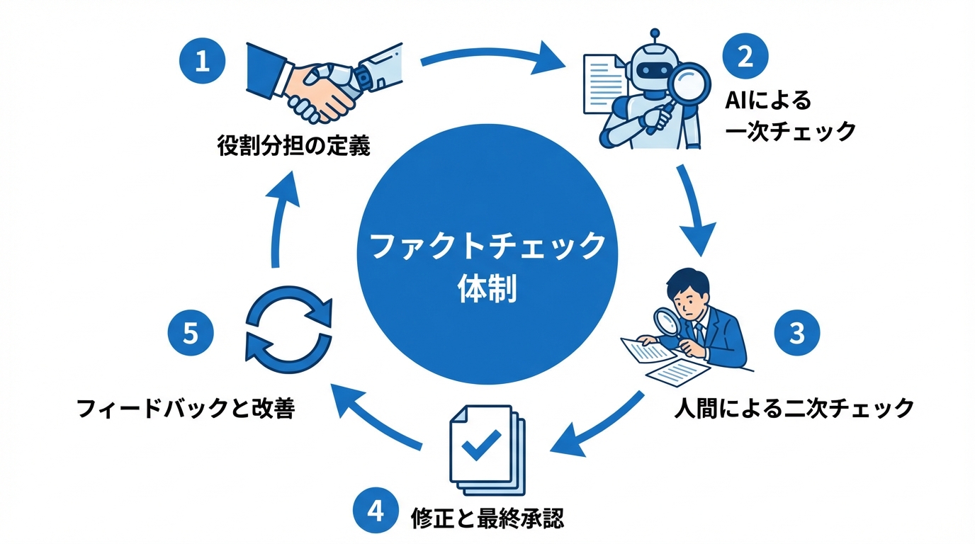 AIと人間が協業するファクトチェック体制の構築フローを示した図解。役割分担の定義、AIによる一次チェック、人間による二次チェック、修正と最終承認、フィードバックと改善の5ステップが描かれている。