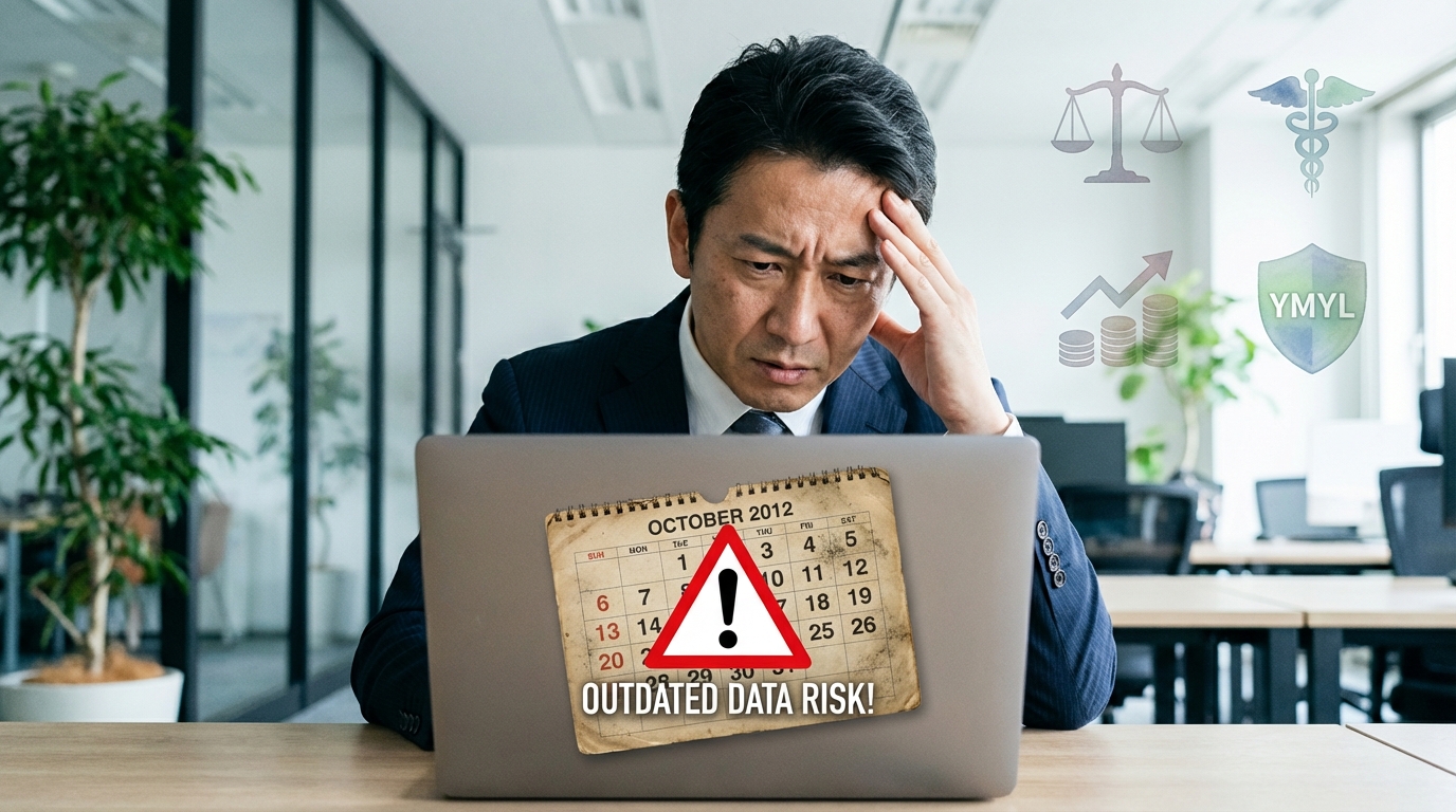 AIの古い情報リスクを象徴する画像。ビジネスパーソンがPC画面の古い情報に悩んでいる様子。