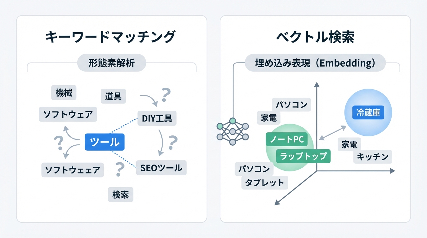 キーワードマッチングとベクトル検索の技術的な違いを比較する図解。キーワードマッチングが単語の一致しか見ないのに対し、ベクトル検索は意味の近さで関連性を判断する仕組みを示している。
