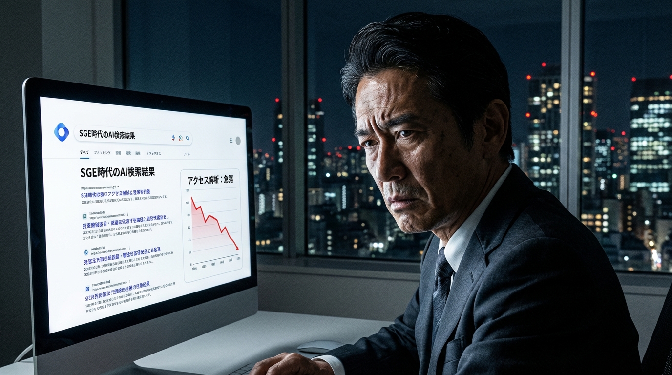 SGEの登場によりアクセス数が激減したグラフを見て、今後のWeb戦略に頭を悩ませる経営者の男性。