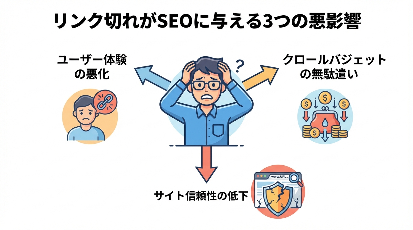リンク切れがSEOに与える3つの悪影響（ユーザー体験の悪化、クロールバジェットの無駄遣い、サイト信頼性の低下）を図解したインフォグラフィック。