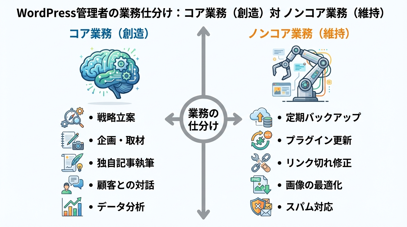 WordPress管理者の業務をコア業務（戦略立案、企画、執筆など）とノンコア業務（バックアップ、更新、リンク修正など）に分類した図解。人間がコア業務に集中し、ノンコア業務をAIに任せるという概念を示している。
