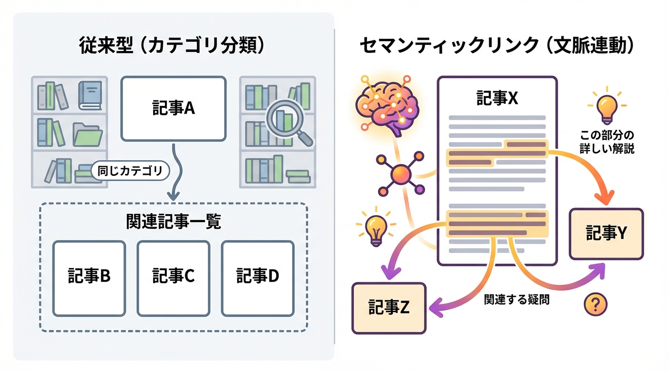 従来のカテゴリ分類に基づく内部リンクと、記事の文脈に応じて動的に関連付けられるセマンティックリンクの構造的な違いを比較した図解。