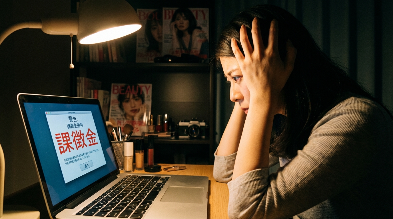 AI記事の景表法違反による課徴金リスクに頭を抱える女性