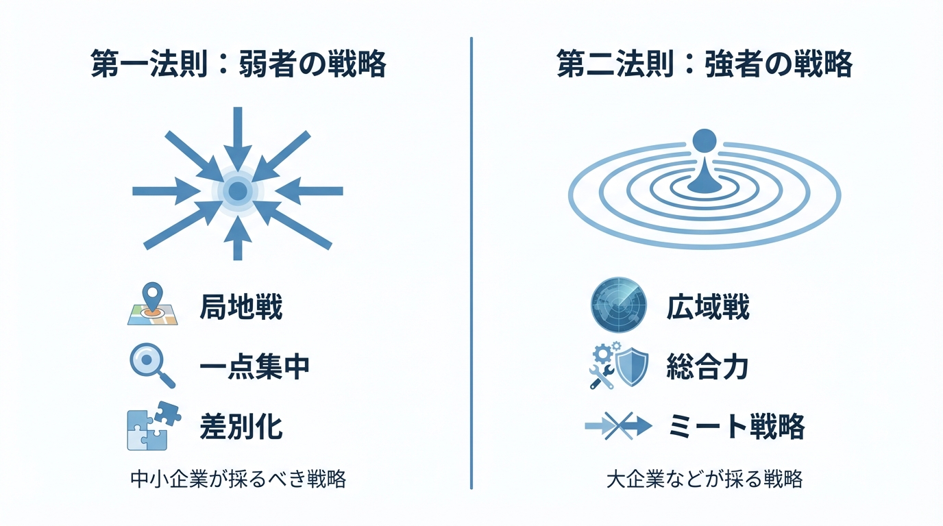 ランチェスター戦略における弱者の戦略（局地戦、一点集中、差別化）と強者の戦略（広域戦、総合力、ミート戦略）を比較した図解。