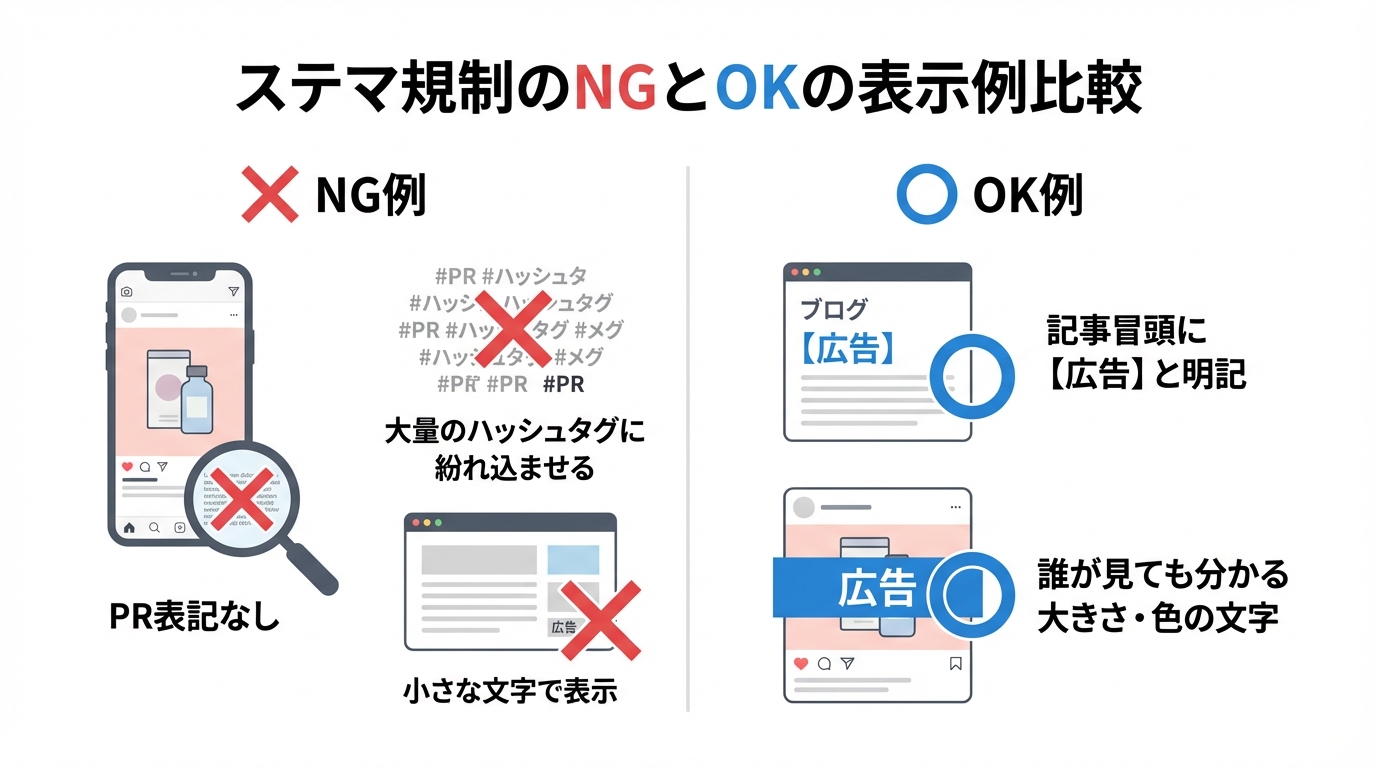 ステマ規制におけるNG表示例（PR表記なし、ハッシュタグに埋もれる等）とOK表示例（記事冒頭に【広告】と明記）を比較した図解。