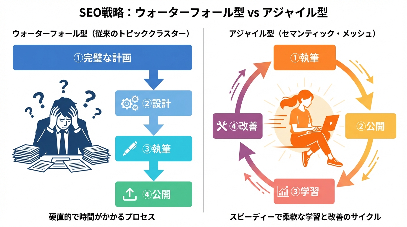 従来のウォーターフォール型SEOと新しいアジャイル型SEOのプロセスを比較した図解。アジャイル型が高速なサイクルで改善を繰り返す様子を示している。
