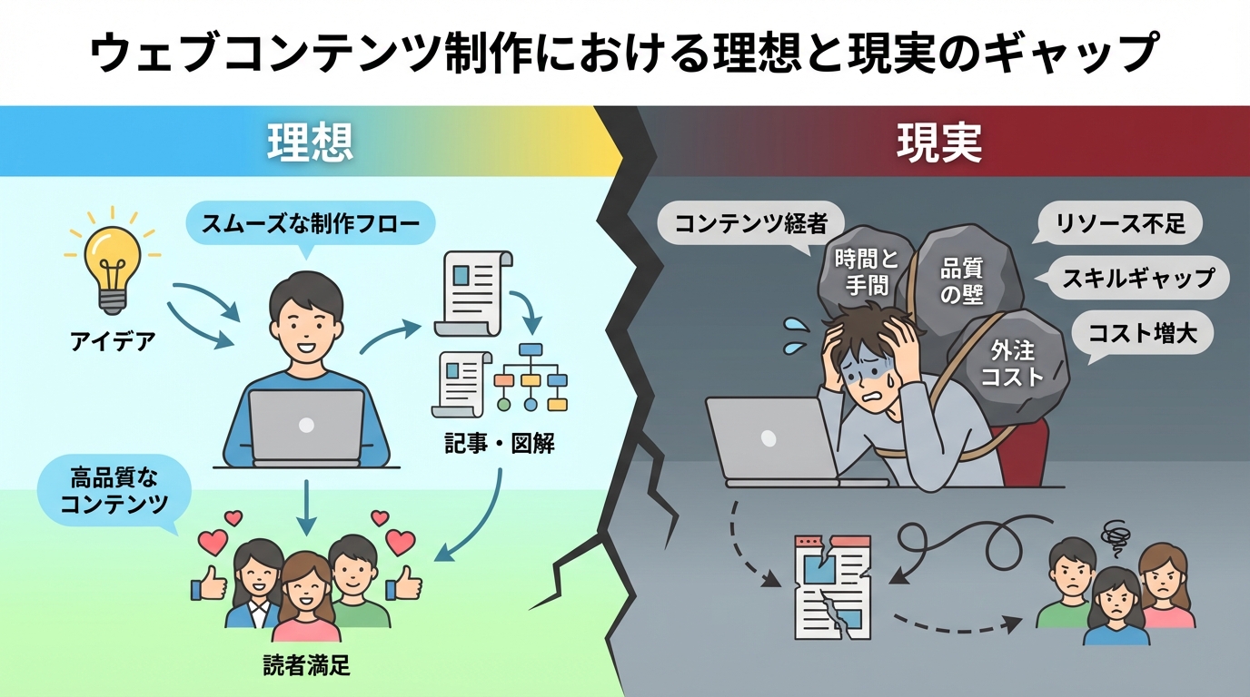 ウェブコンテンツ制作における理想と現実のギャップを示す図解。理想ではスムーズな制作で読者満足度が高いが、現実では時間、品質、コストの壁に悩まされている様子が描かれている。