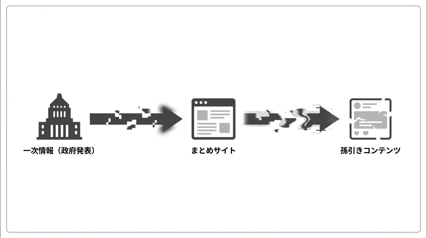 一次情報がまとめサイトを経て孫引きコンテンツになる過程で、情報が劣化・歪曲していく様子を示した図解。