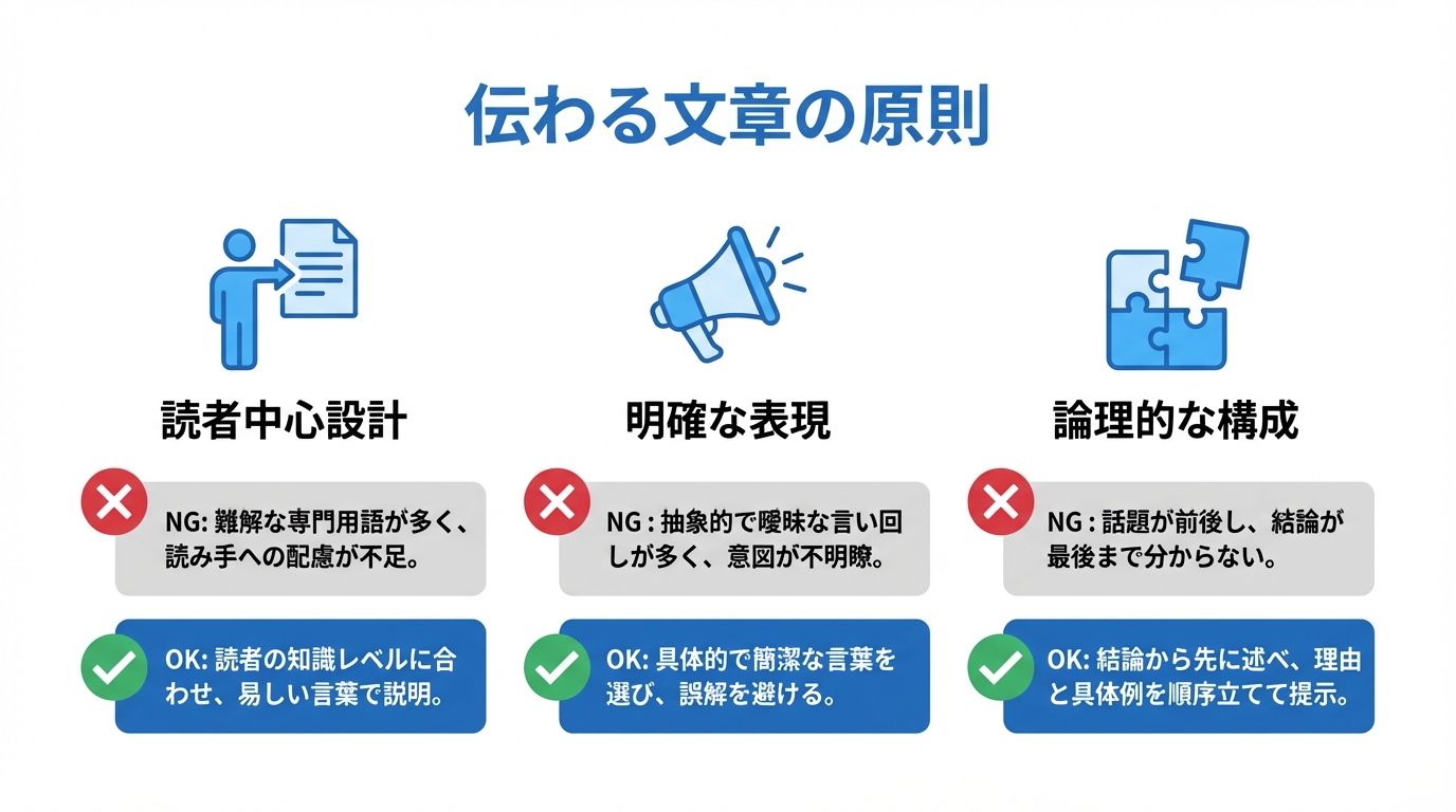 Plain Languageの3つの基本原則「読者中心設計」「明確な表現」「論理的な構成」を解説する図解。それぞれの原則について、悪い例と良い例を比較しています。