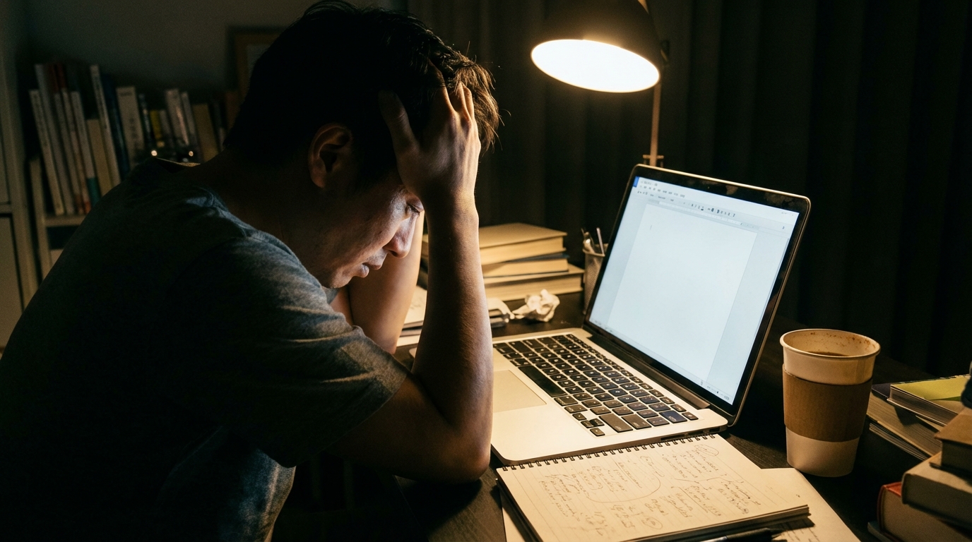 ブログ執筆に行き詰まり、真っ白な画面の前で頭を抱える男性。ブログ継続の困難さを象徴している。
