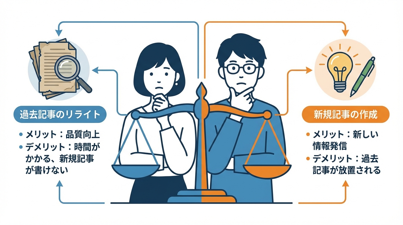 メディア運営者が「過去記事のリライト」と「新規記事の作成」という二つの選択肢の間で悩んでいる様子を描いた図解。