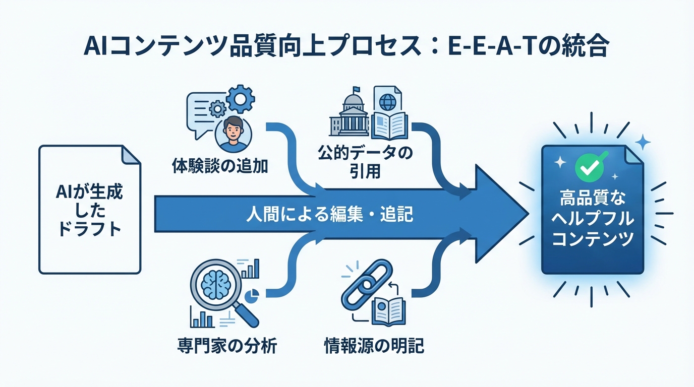 AIが生成したドラフトに人間がE-E-A-T（経験、専門性、権威性、信頼性）を注入することで、高品質なヘルプフルコンテンツが完成するプロセスを示した図解。